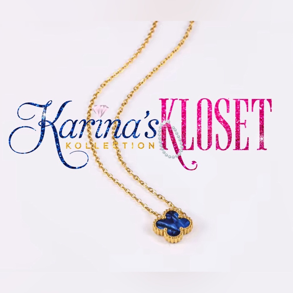 Royal Blue Sapphire Marble & Gold Clover Necklace 18 Karat Gold Plated